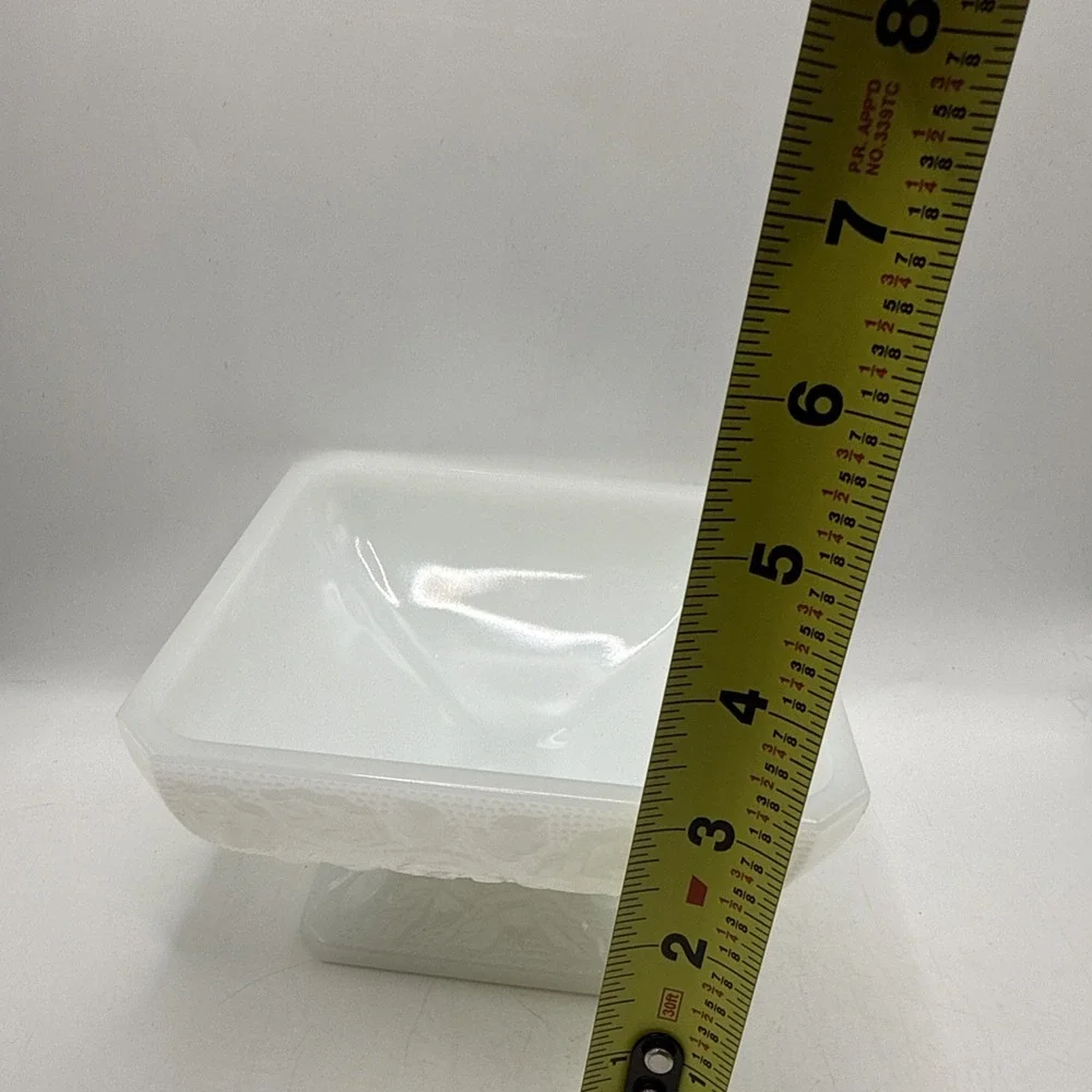 Vintage Jeanette Milk Glass Square Pedestal Candy Dish Acorn & Leaf Pattern